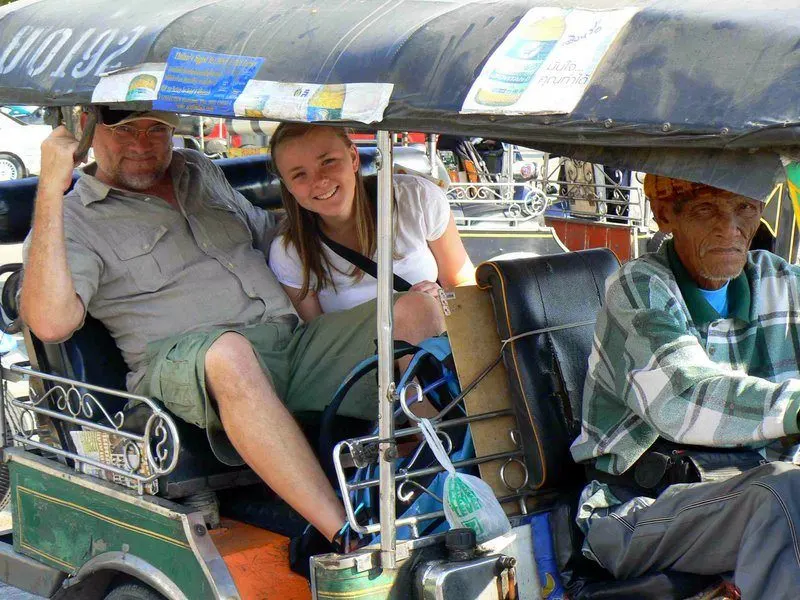 Randy and daughter in a tuk tuk in Chiang Mai, Thailand.