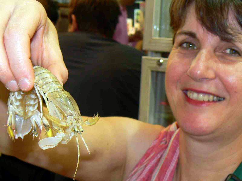 Randy's wife and a delectable Mantis Shrimp.