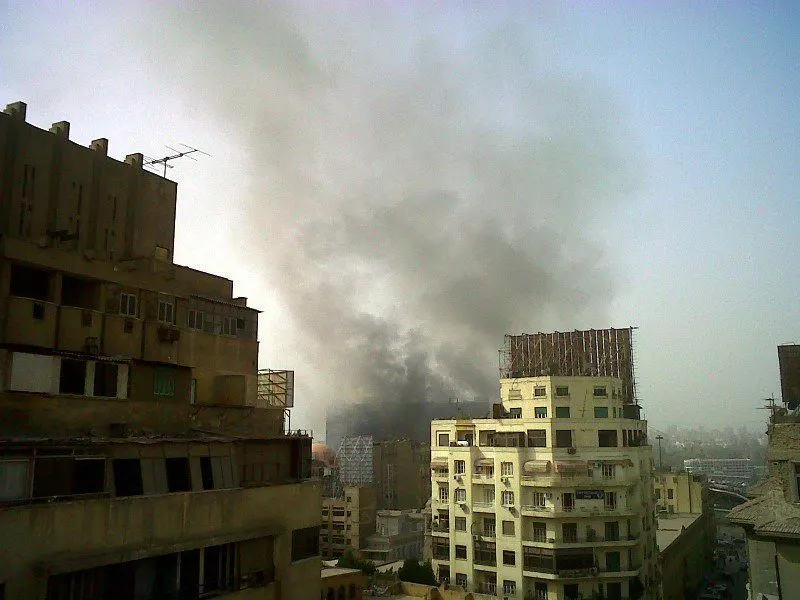 A building set on fire during Cairo, Egypt protests.