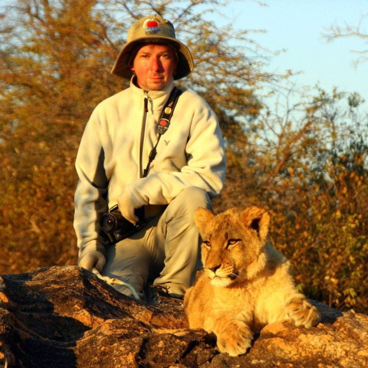 Michael and 8 mo. old female lion, Antelope Park, Zimbabwe