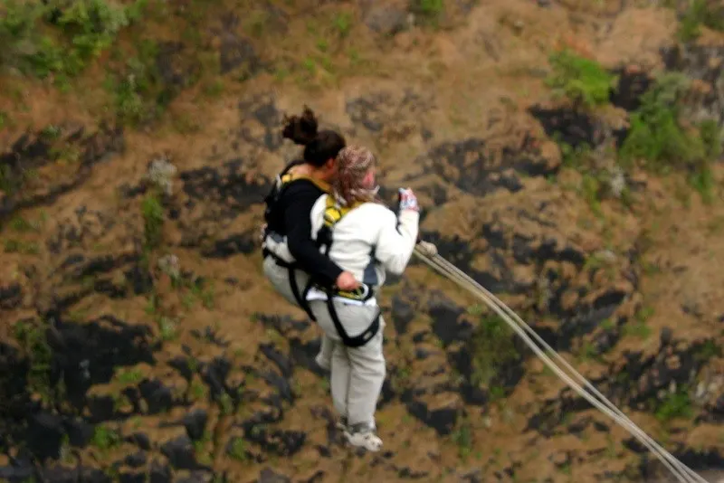 A terrifying tandem bungee jump in Victoria Falls, Zimbabwe.