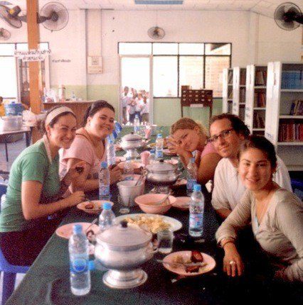 The volunteers happily eating at the homestay.