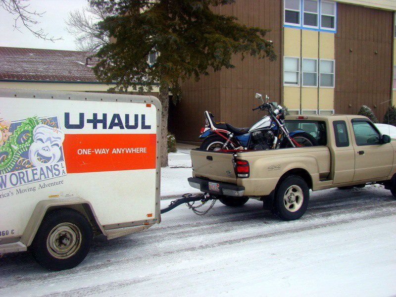 Mark's truck, bike, and trailer full of stuff on moving day, March 2011.