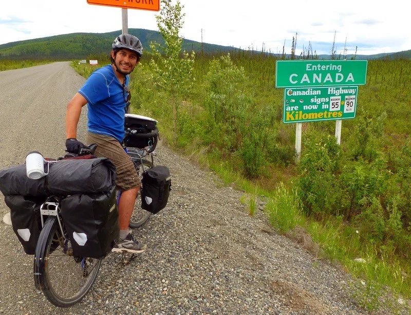 Biking from Tok to Skagway: entering Canada from Alaska.