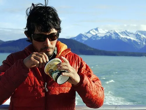 Andres refueling (with ice cream) for biking by Skagway Ferry.