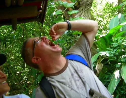 Scott eating a beetle larvae ("Tastes like peanut butter").