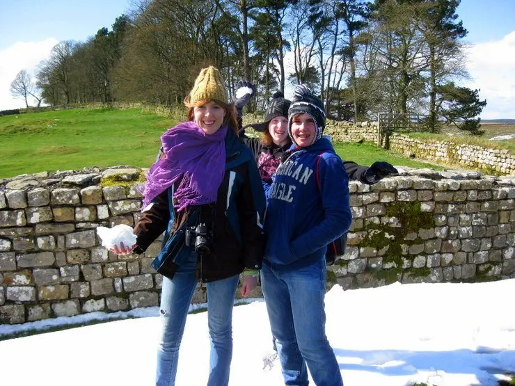 Two of Gail's students getting ready for a snowball fight at Hadrian's Wall.