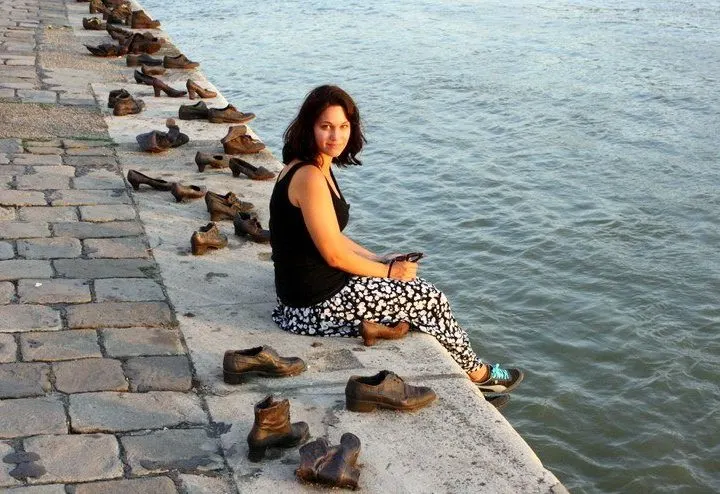Sarah with shoe statues on the Danube River in Budapest, Hungary.