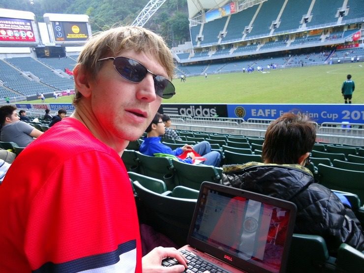 Jonny updating his blog at half time in a football match!