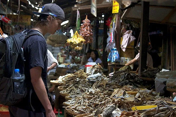 Tyler takes in the sights, sounds and smells of a market in Bagan.