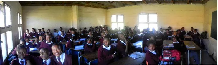 A composite shot of ONE 11th grade classroom at Lumko High School, East London South Africa (there are 82 students in this class!).