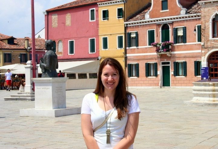 Katie on the island of Burano in Venice, Italy, in front of the lace museum.