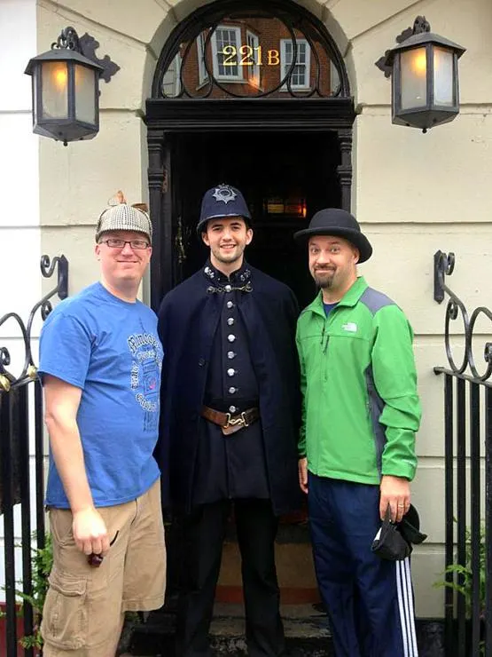 Mike with Kris Doerr, his teaching/traveling partner, at Sherlock Holmes' house in London.