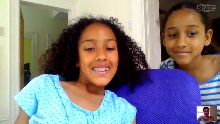 Rease teaching her students, Amaya and Rayna, via Skype. 