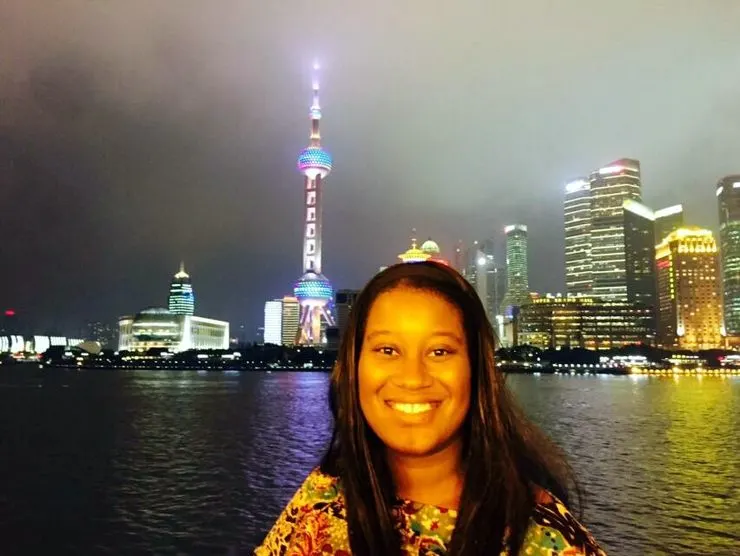 On a great Huangpu River Cruise that Candace's friend Peiwen arranged for them. The Pearl TV Tower was every bit as amazing up close as Candace had imagined!