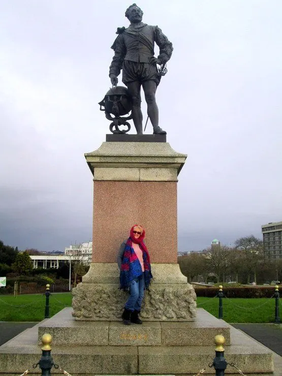 At Plymouth, England with a statue of Sir Francis Drake of Spanish Armada fame.