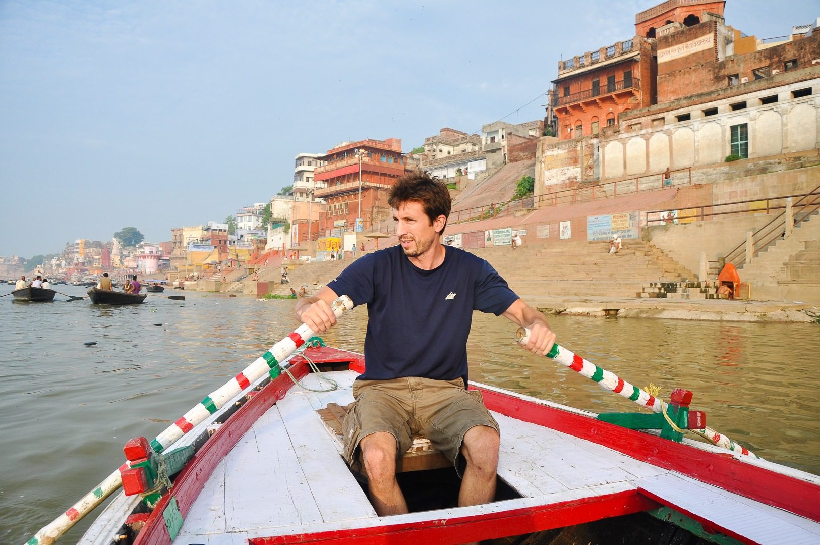 Rowing down Ganges River in Varanasi, India.