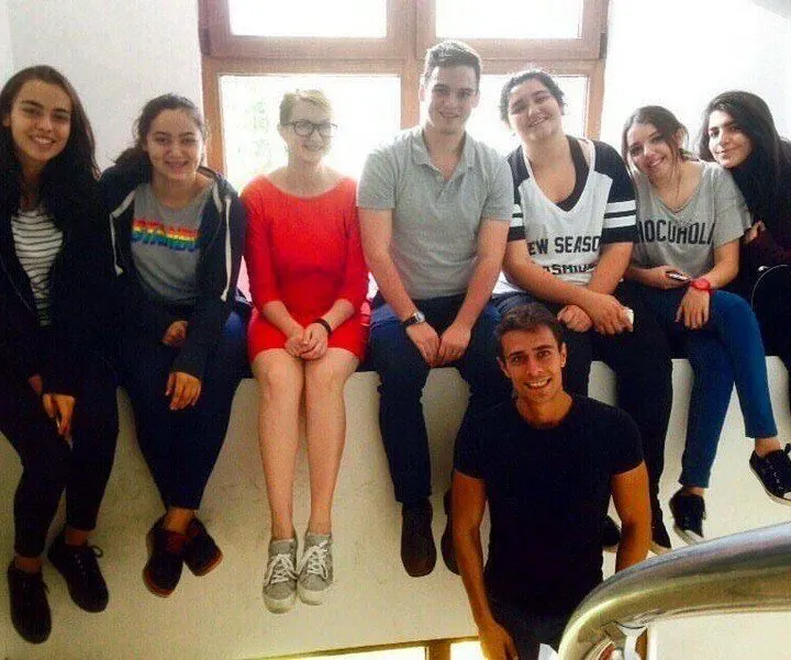 Nathan and his wife (middle, wearing red and grey) with their students in Turkey.