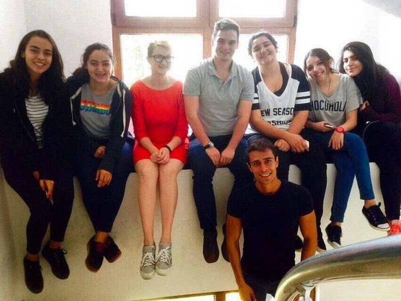 Nathan and his wife (middle, wearing red and grey) with their students in Turkey.