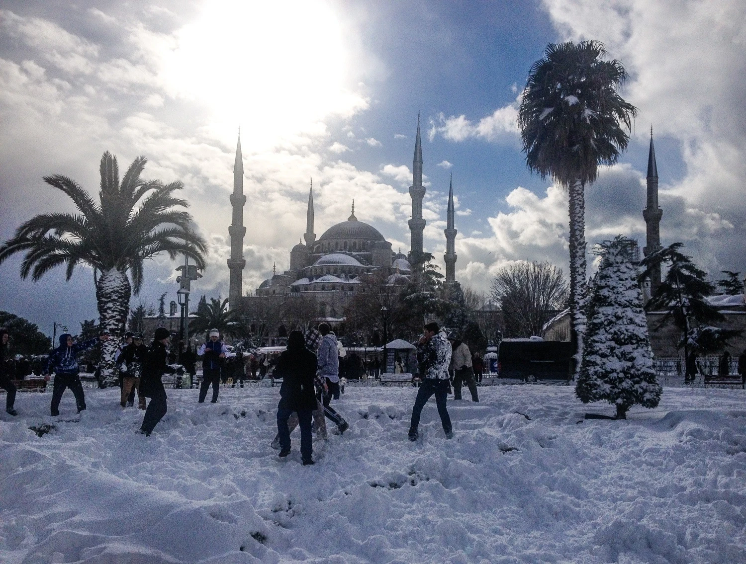 A rare snowfall at the Blue Mosque in Istanbul, Turkey, January 2016.