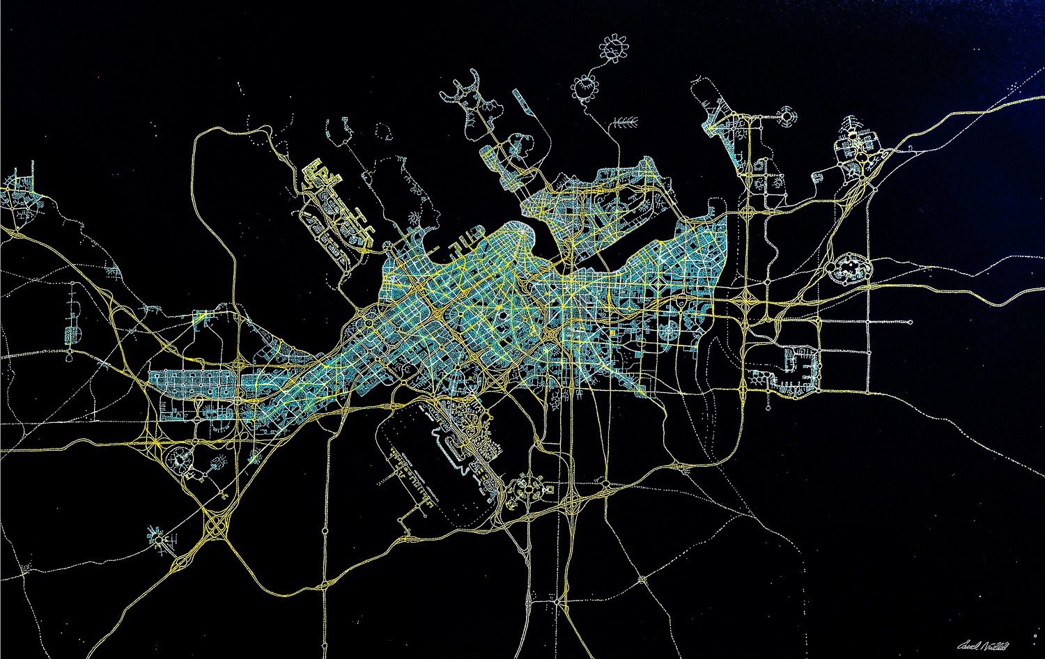 A map by David called Al Qalea by Night. It is set in the United Arab Emirates and is acrylic on canvas.