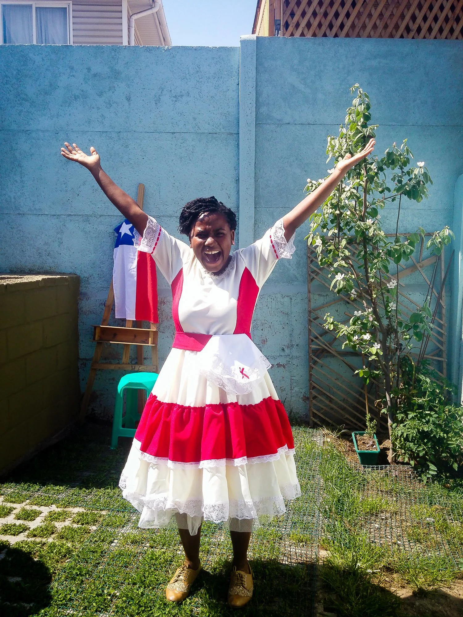 Celebrating Chile's Independence Day in September (in local dress of a Cueca dancer courtesy of Steph's host brother's wife).