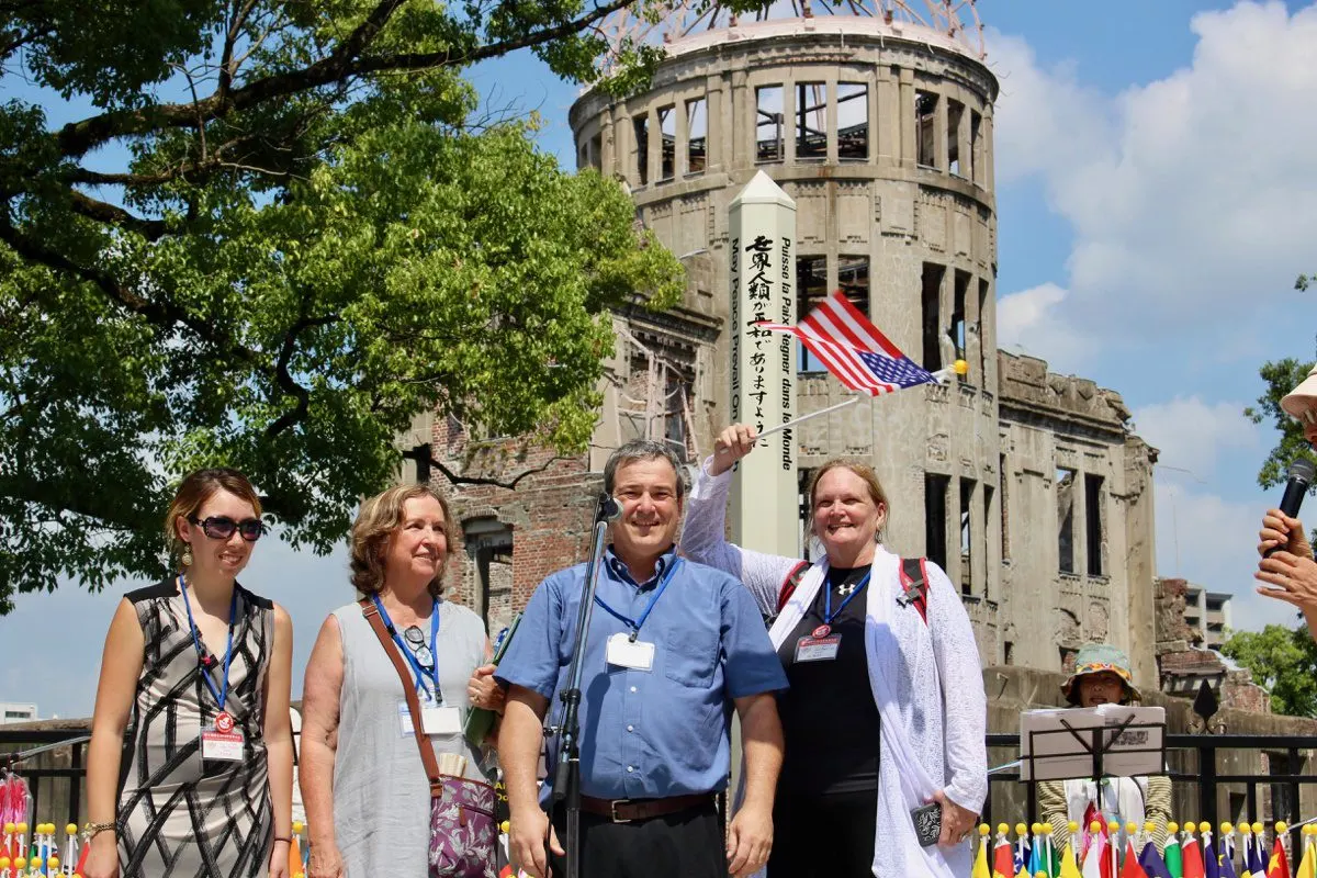 Myself and the other three American educators giving a message of peace in front of the A Bomb Dome on August 6. The 73rd anniversary of the bombing.