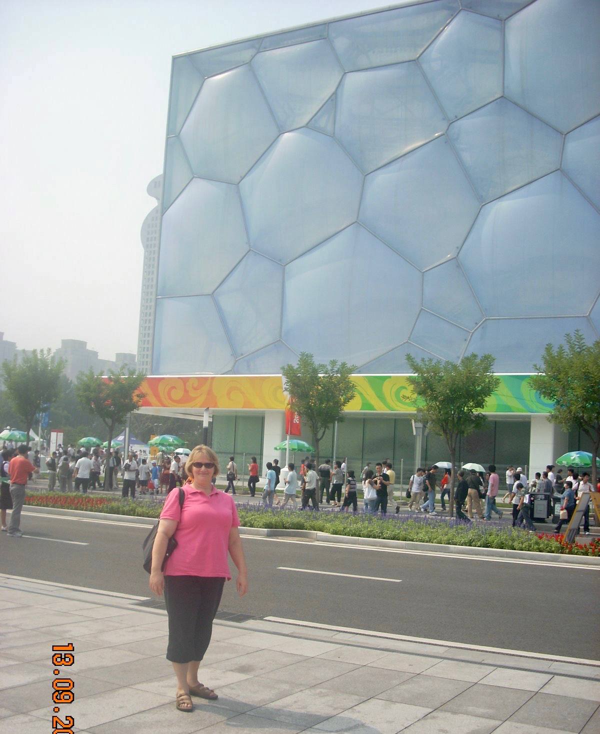 Lesley outside the Water Cube.