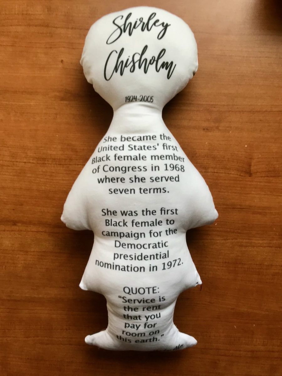 Historical education on the back of the Shirley Chisholm doll.