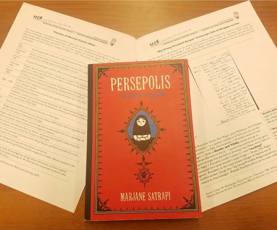 Stephanie connects reading Persepolis (which takes place in Iran) to foreign relations between Iran and the US. In this activity, kids were learning about the Contra Affair.