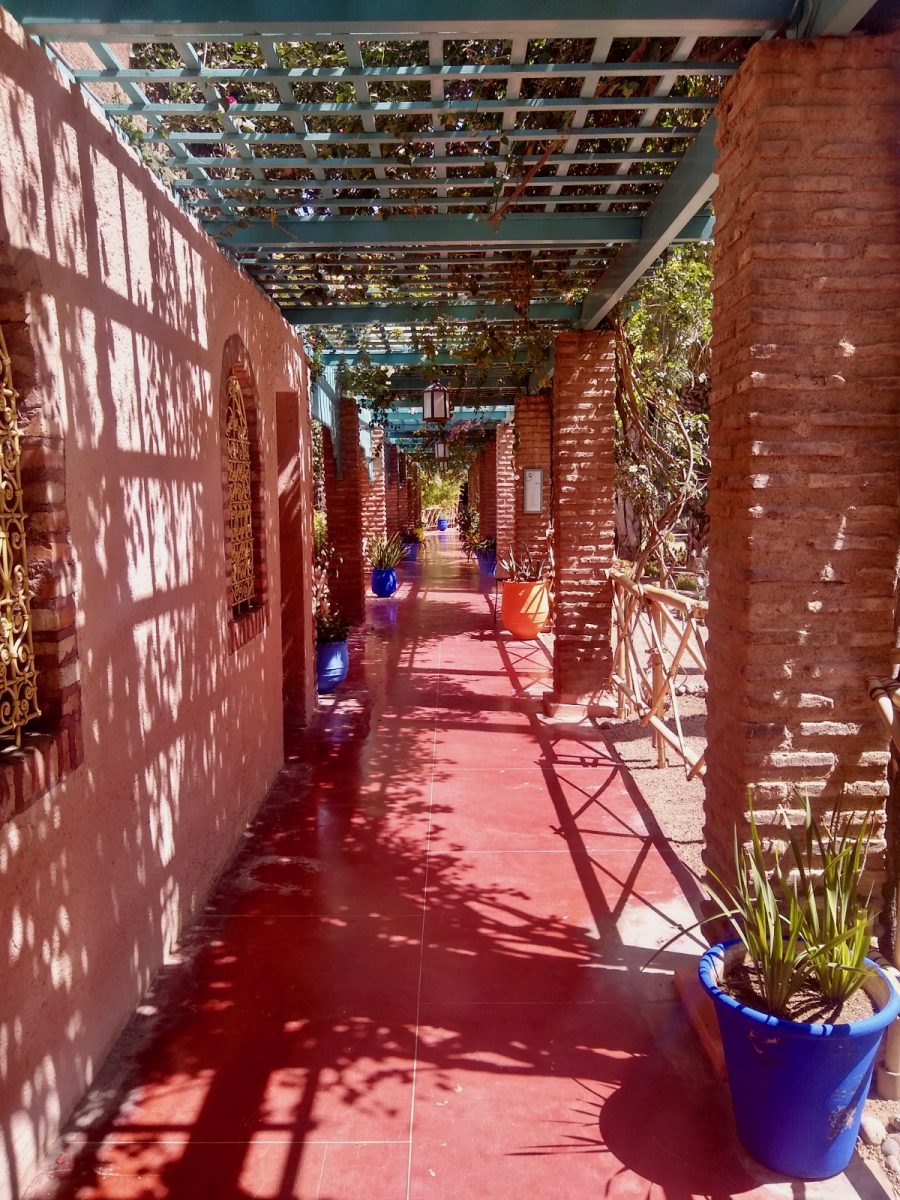 A pretty corridor from inside the Jardin Majorelle, a pretty garden in Marrakech which Yves St. Laurent purchased and renovated to prevent it from being developed.