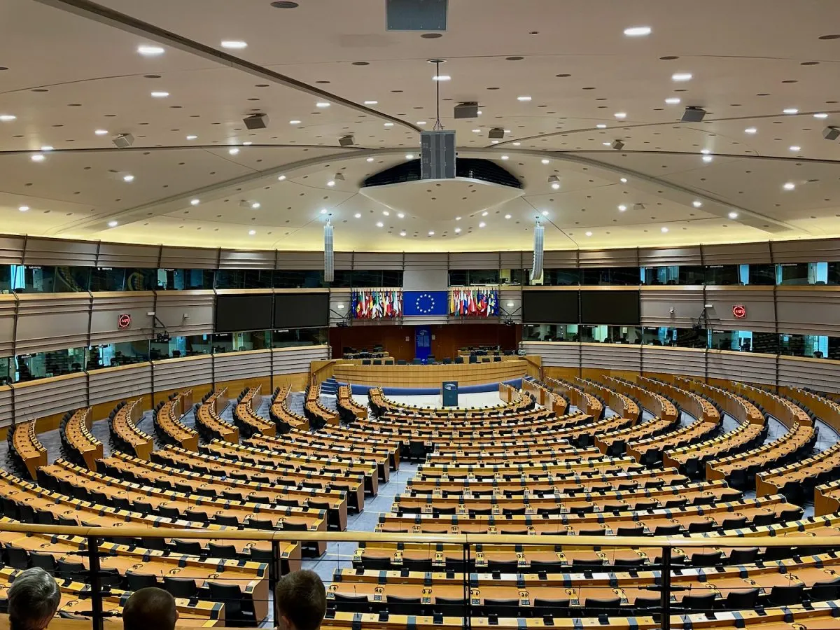 EU parliament in Brussels. The Interpreter booths are on the sides.