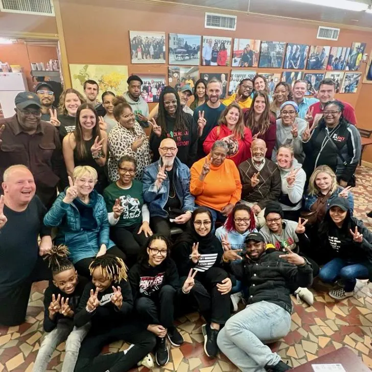 In Selma, Alabama, we met with activist Joanne Bland, pictured in orange, who was only 7 years old when she participated in the events of Bloody Sunday and the subsequent March from Selma to Montgomery in 1965. Those are not peace signs we’re holding up—you’ll need to take a trip to Selma to learn the backstory of those two fingers from Ms. Bland herself! I’m behind her in red. Next to Ms. Bland are Bob Zellner and Charles Mauldin.