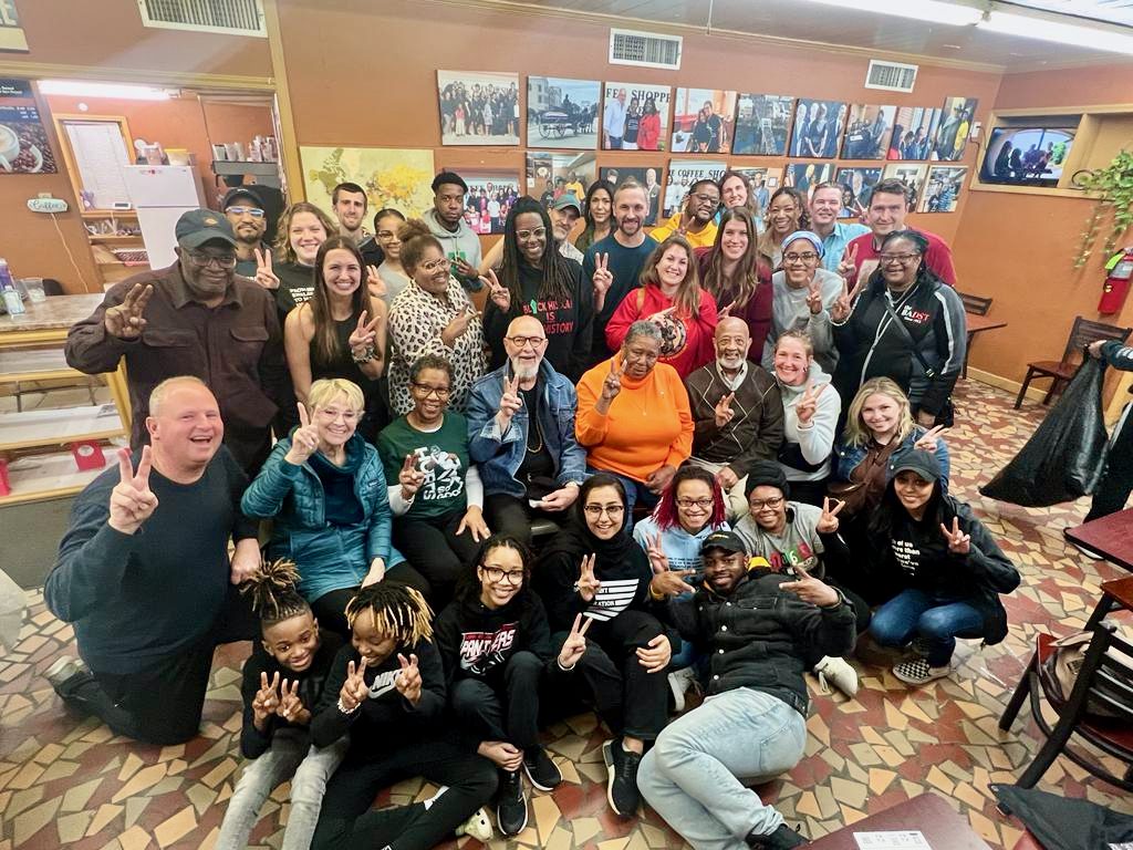 In Selma, Alabama, we met with activist Joanne Bland, pictured in orange, who was only 7 years old when she participated in the events of Bloody Sunday and the subsequent March from Selma to Montgomery in 1965.  Those are not peace signs we’re holding up—you’ll need to take a trip to Selma to learn the backstory of those two fingers from Ms. Bland herself!  I’m behind her in red.  Next to Ms. Bland are Bob Zellner and Charles Mauldin.