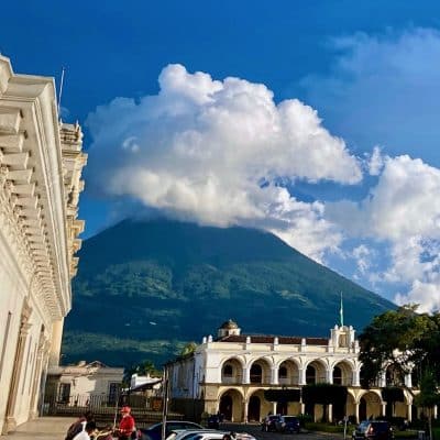 View of the Volcan de Agua as seen from Parque Central in Antigua, Guatemala.
